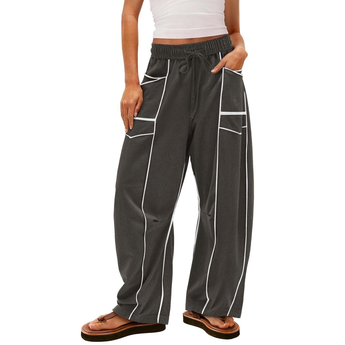 Y2K Black Striped Wide-leg Pants With Pockets Fashion Loose Drawstring Trousers Sports Sweatpants Women's Clothing
