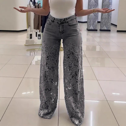 Y2K Lace Flowers Hollow Jeans Fashion High Waist Straight Wide Leg Pants Solid Color Trousers Women's Clothing