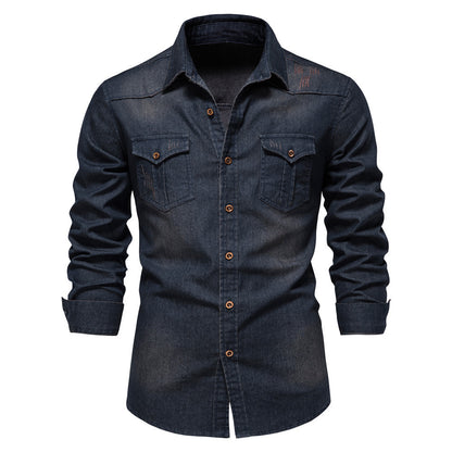 Men's Long-sleeved Denim Shirt Casual Solid Button Slim Tops Clothing