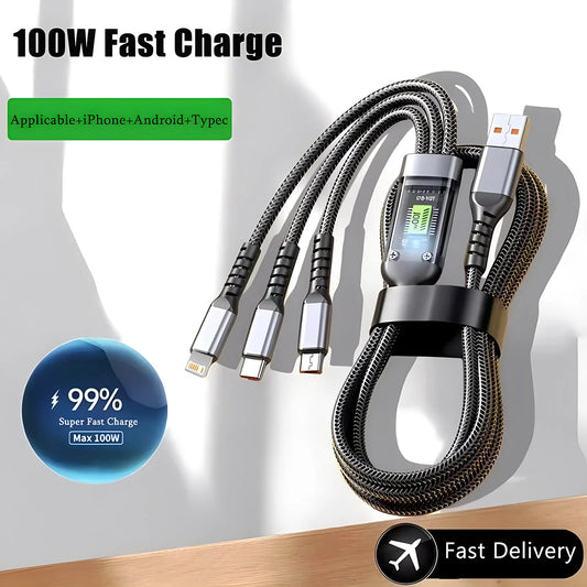 100W Fast Charging 3-in-1 Cable Nylon Braided Multi USB Type-C Micro Charger Cord