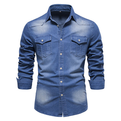 Men's Long-sleeved Denim Shirt Casual Solid Button Slim Tops Clothing